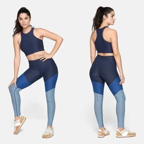 Outdoor Voices Springs 7/8 Color Block Leggings S Tri Tone Color Blue Mid Rise - Picture 1 of 9